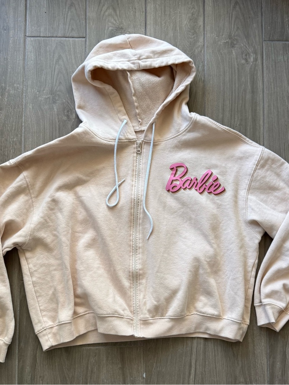 Barbie Cream Zip-Up Hoodie with Pink Logo + Barbies on the Back